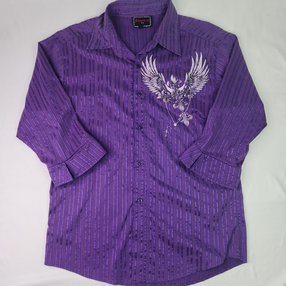 Patroncito Mens Purple Winged Fleur De Lis Design With Rhinestones 3/4 Sleeve LG